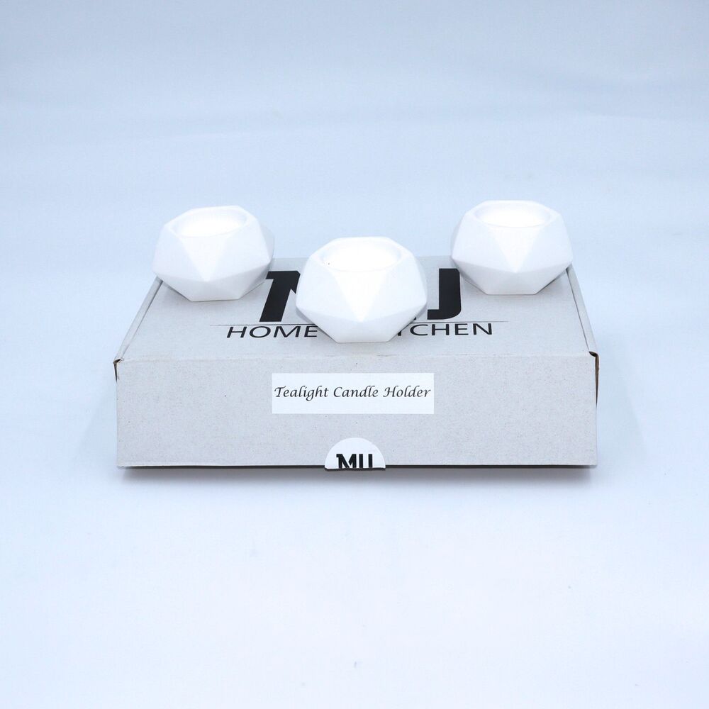 MU Home & Kitchen Set of 3 Ceramic Tealight Holders Geometric Matte White Modern